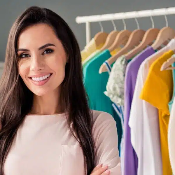 woman standing in front of clothes