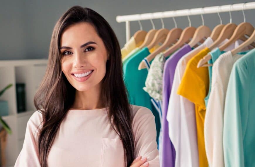 woman standing in front of clothes