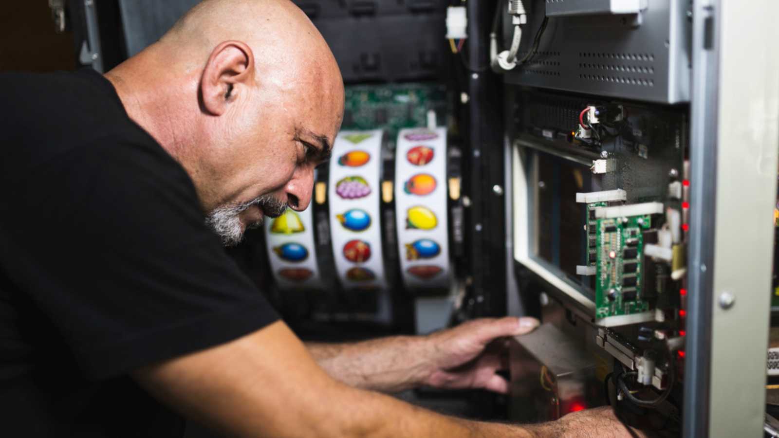 Mature man repairing slot machine