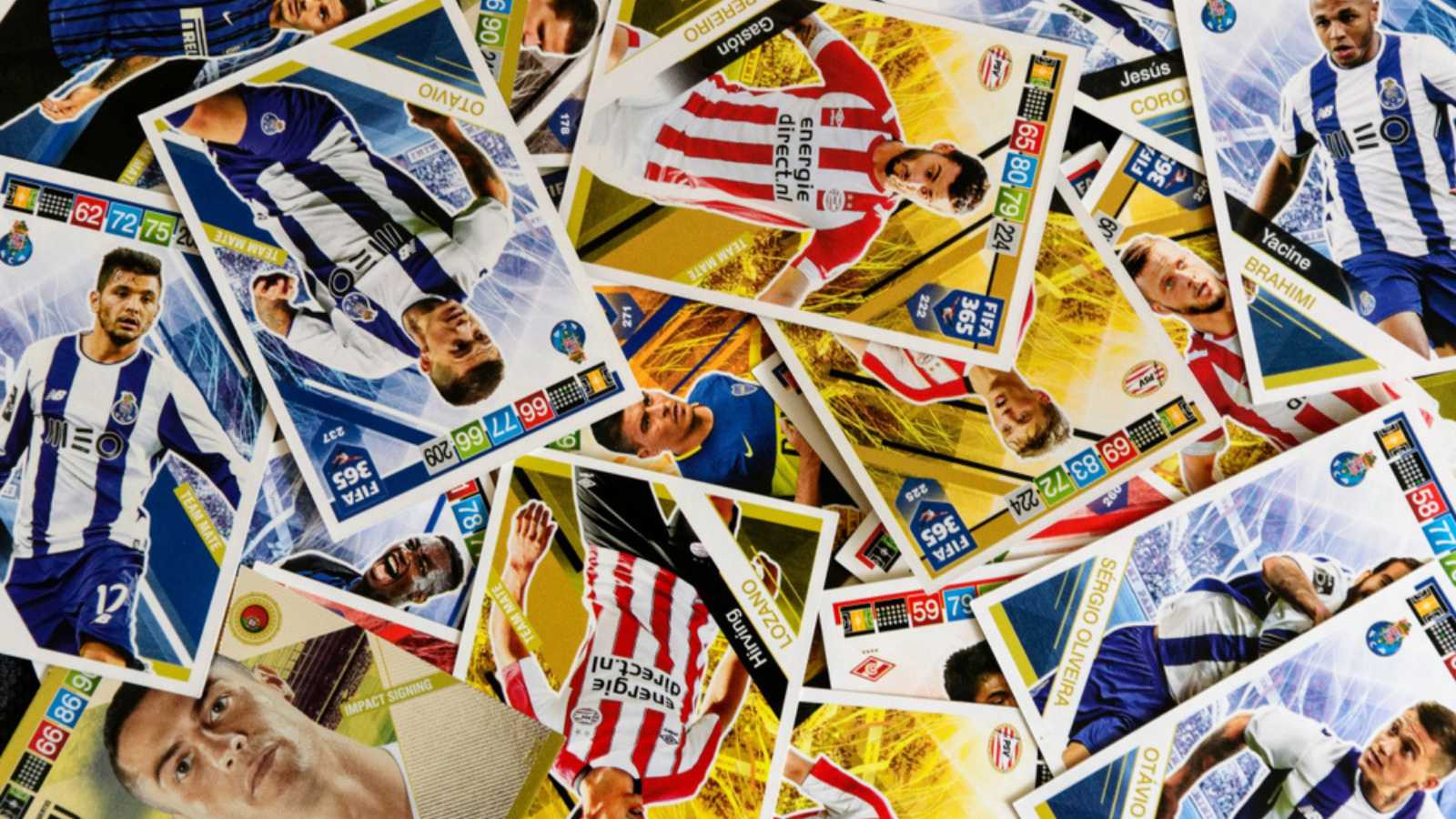 Warsaw, Poland - February 24 2019: Fifa Panini 365 cards collection 2019. A pile of cards with football/soccer players, messy look