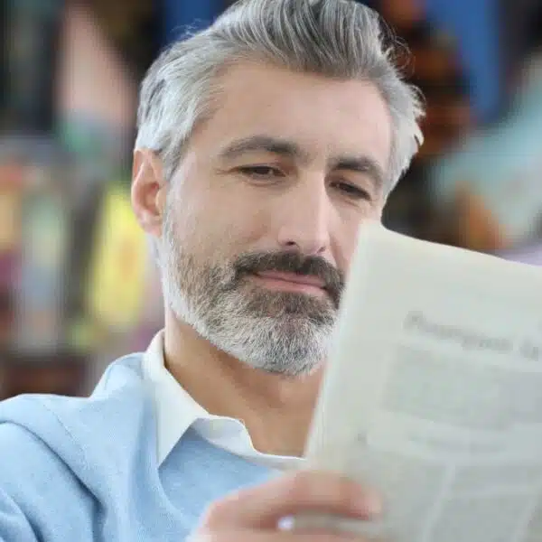 man beard reading the newspaper