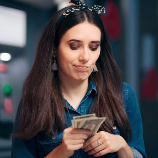 sad frugal woman