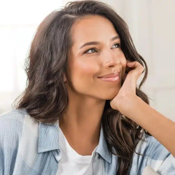 cheerful woman looking away