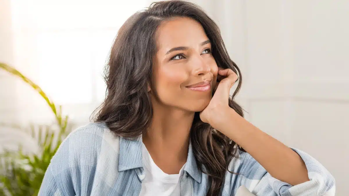 cheerful woman looking away