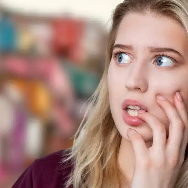 woman nervous in a town