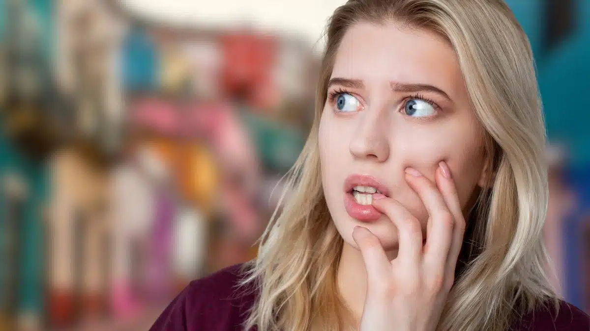 woman nervous in a town