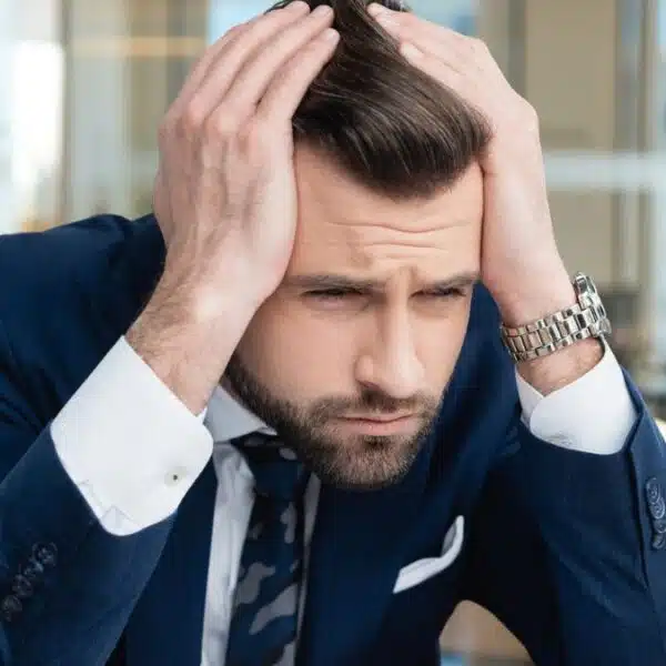 man sitting at desk with a blue suit