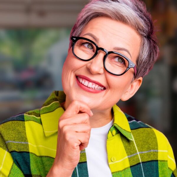 senior woman glasses garage