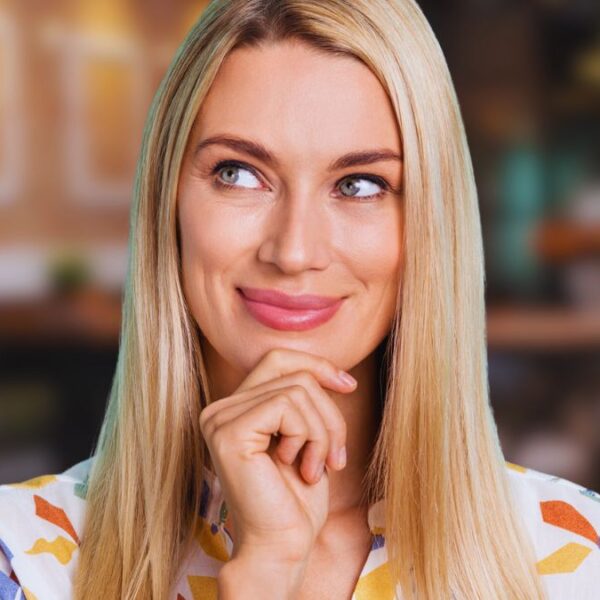 woman thinking coffee shop