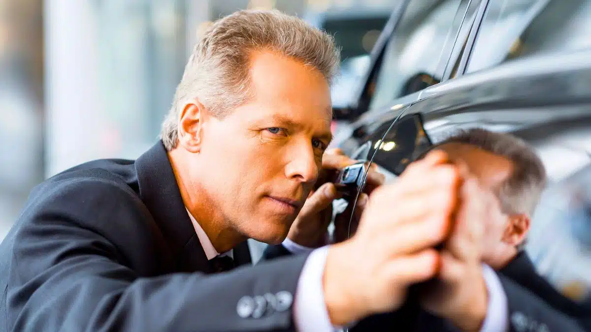 man inspecting a car