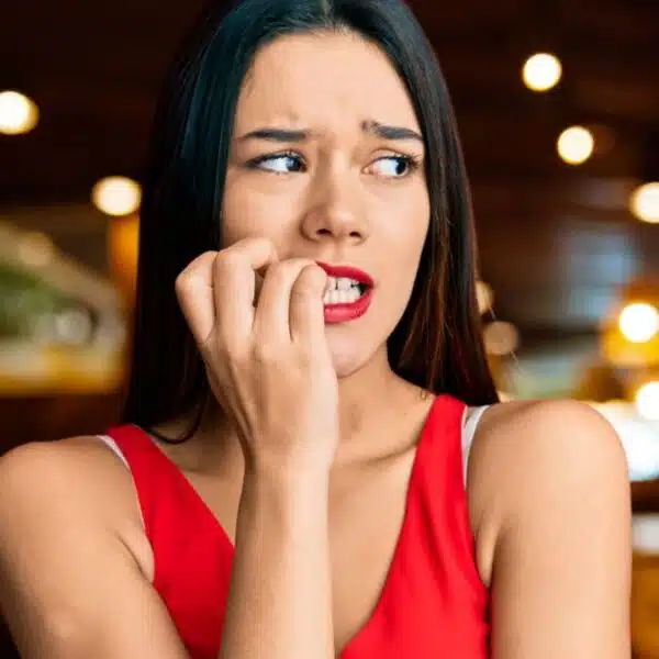 woman nervous biting fingers