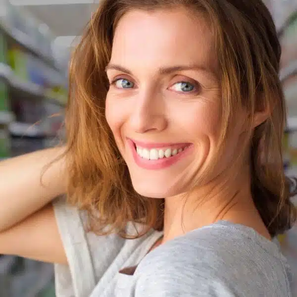 woman smiling laughing at the mall