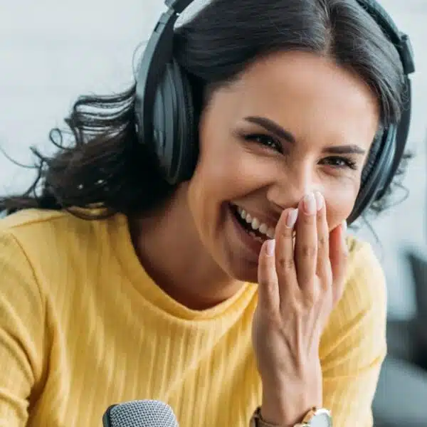 woman headset microphone podcast