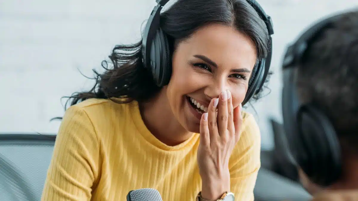 woman headset microphone podcast