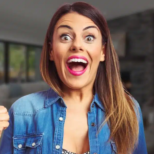 woman jacket super excited