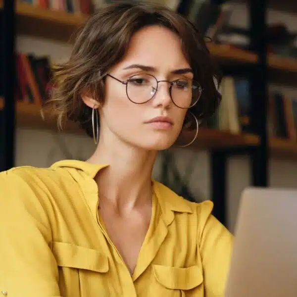 woman earrings glasses laptp
