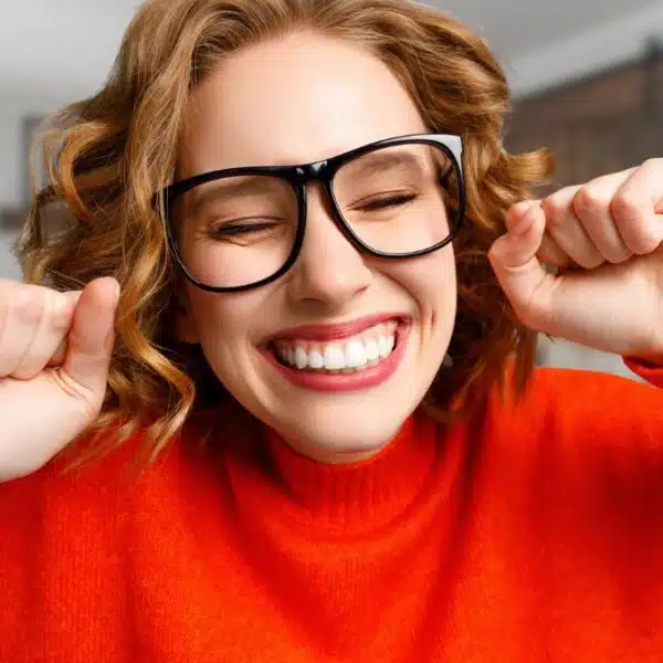 woman glasses smiling happy