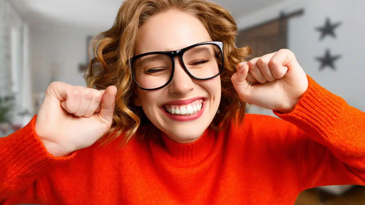 woman glasses smiling happy