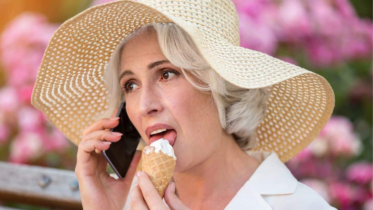 senior woman eating ice cream