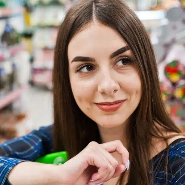 woman happy grocery