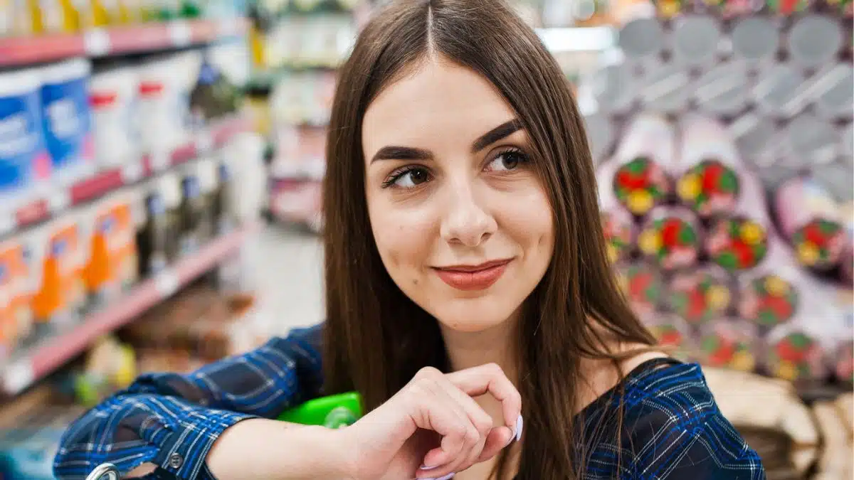 woman happy grocery