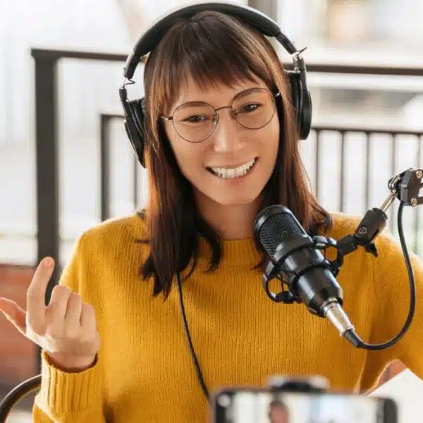 woman talking on microphone
