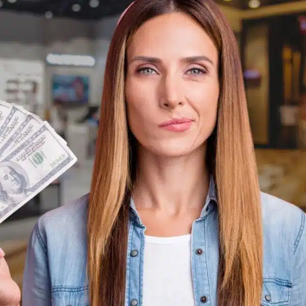 Trying to figure out how to spend her money.