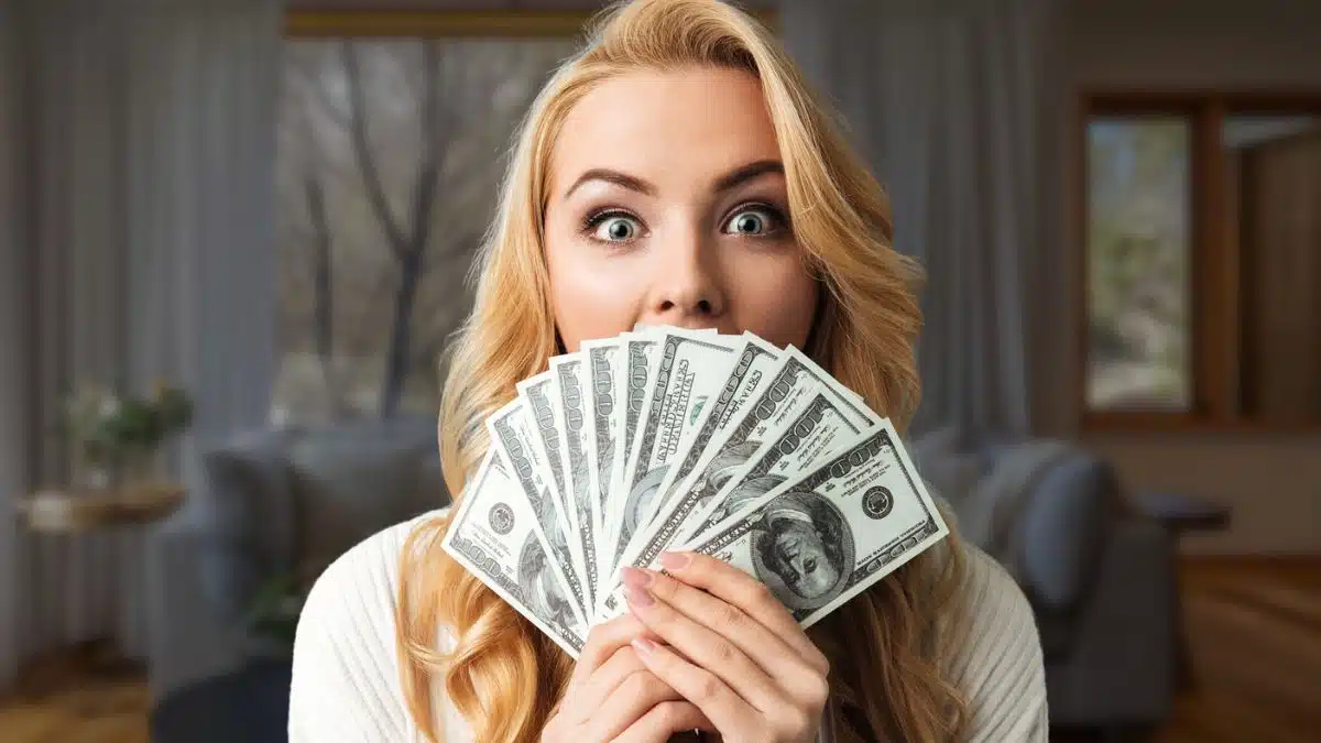 Woman holding cash at home
