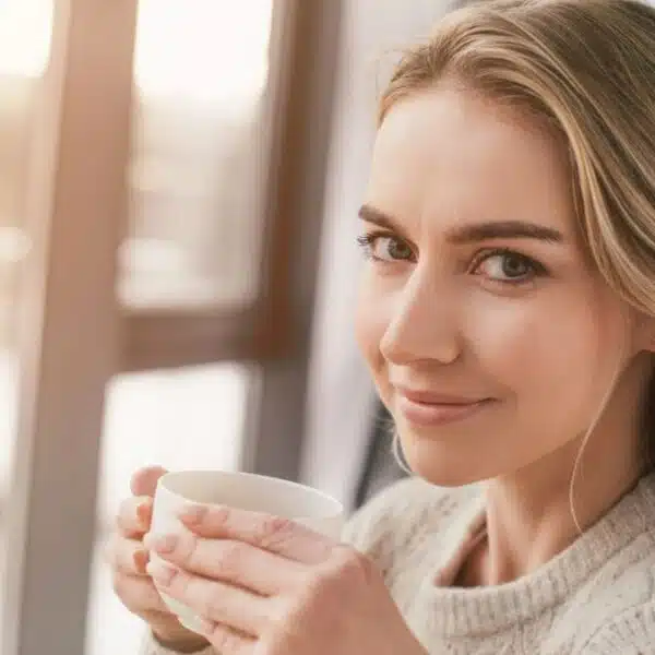 woman drinking coffee at her house