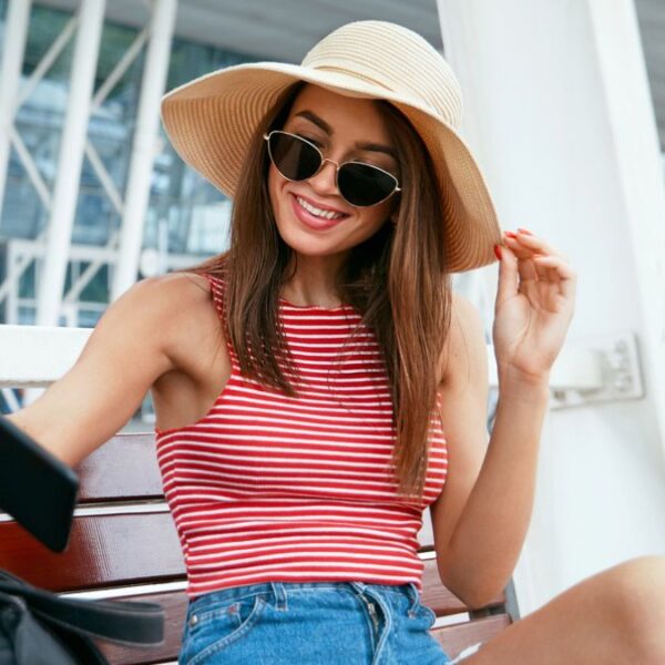 woman traveling bench