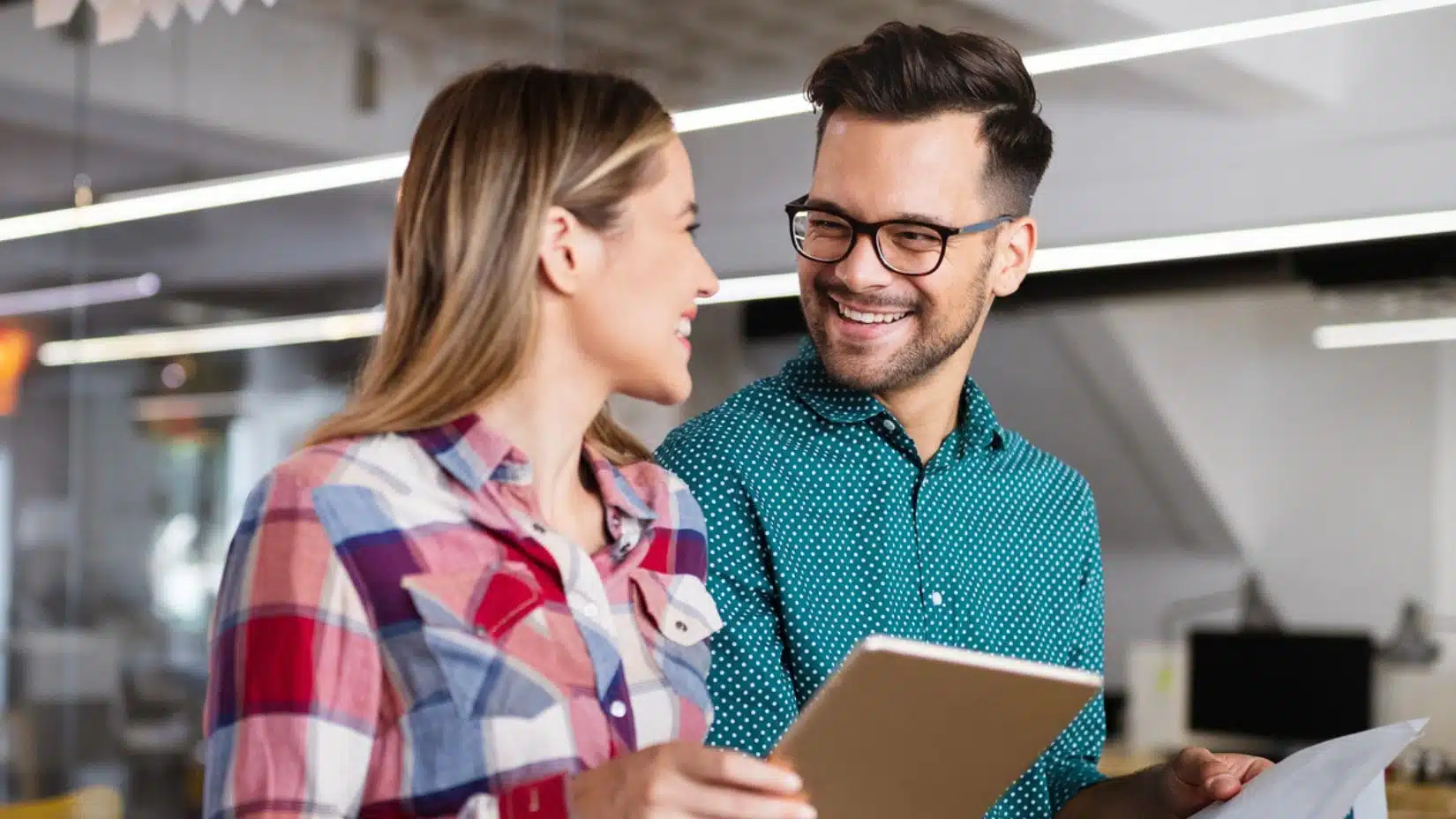 co workers talking about business