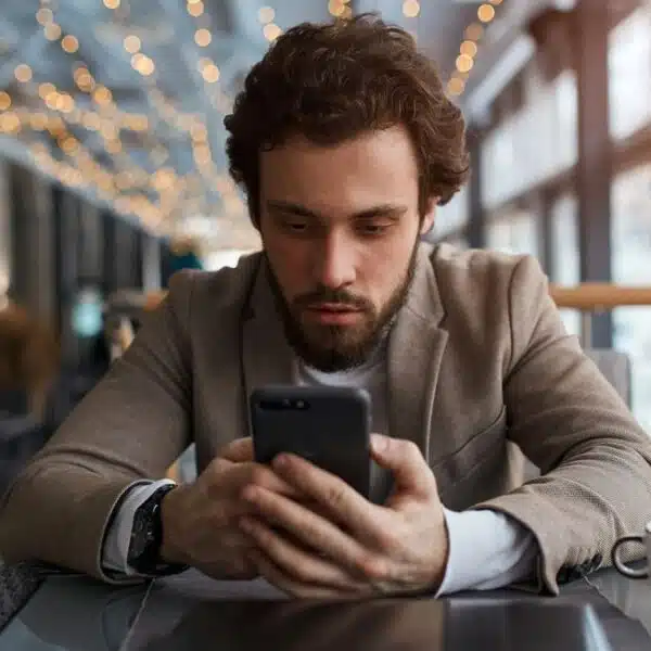 man in suit looking at his phone