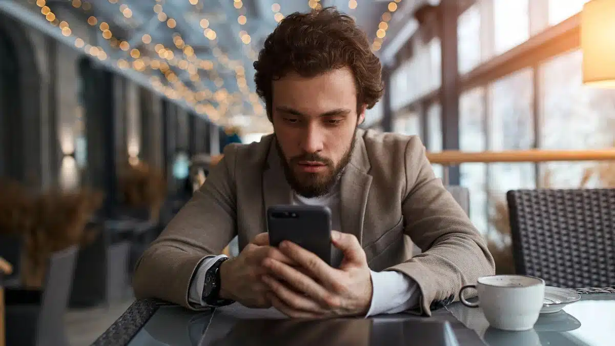 man in suit looking at his phone