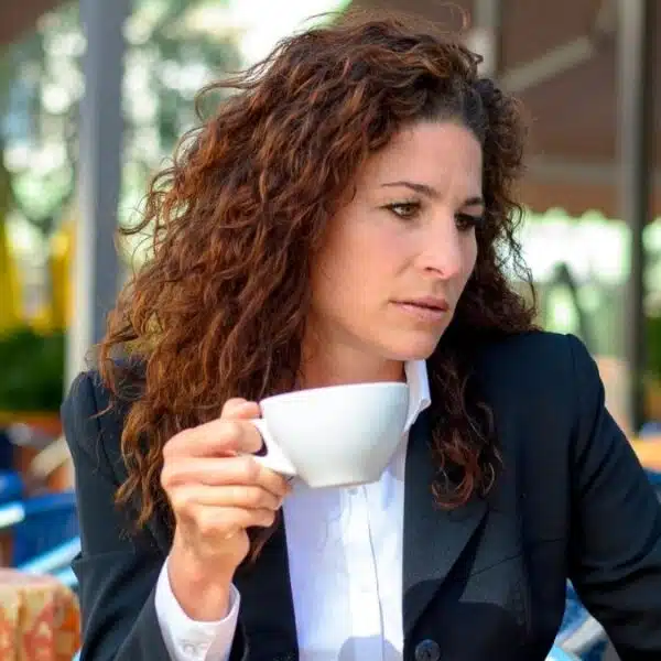 woman glasses coffee thinking outside