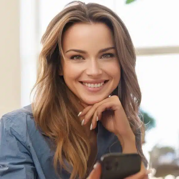 woman smiling with phone and laptop