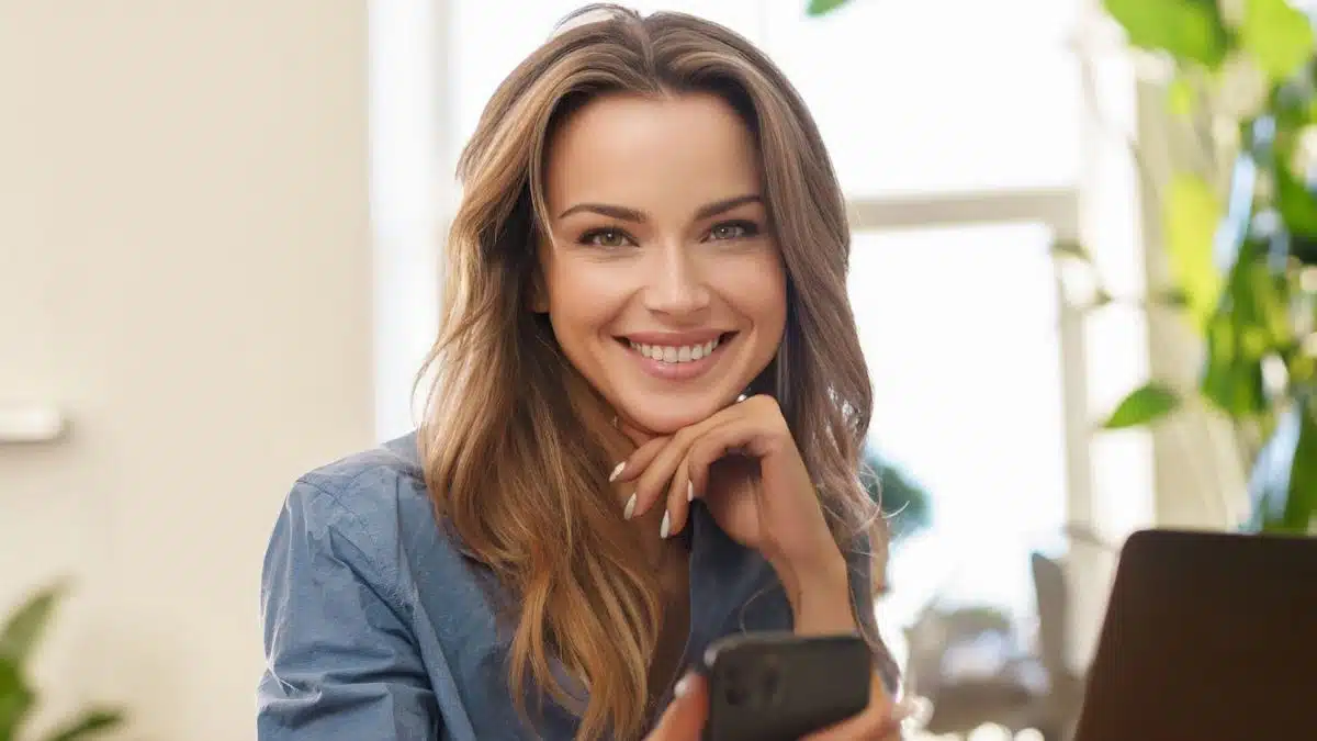 woman smiling with phone and laptop