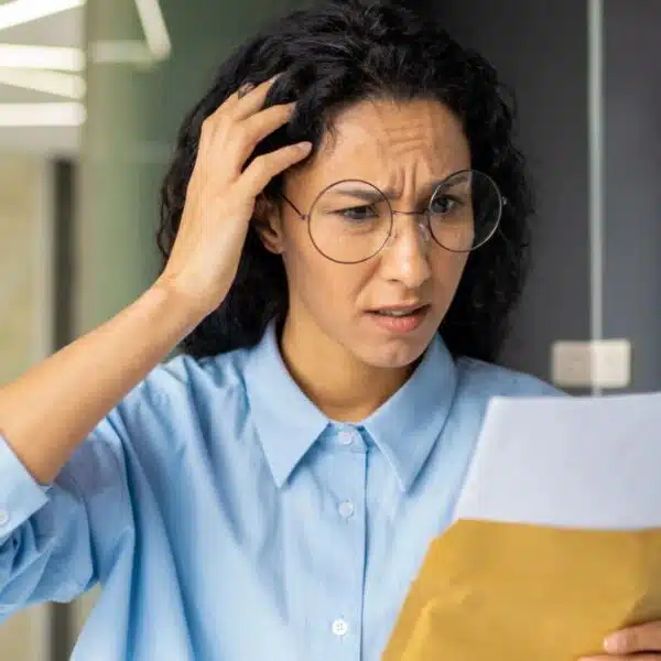 woman wearing glasses staring at document
