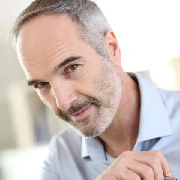 mature man with a pen at home