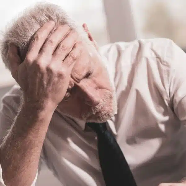 older man working in the office alone stressed