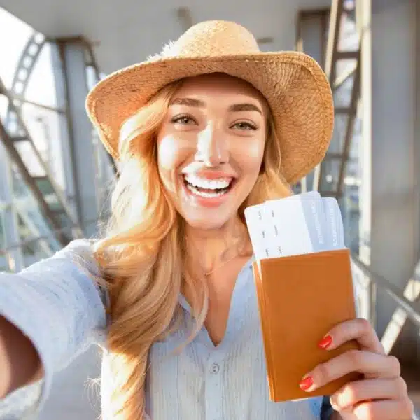 woman holding her wallet and passport