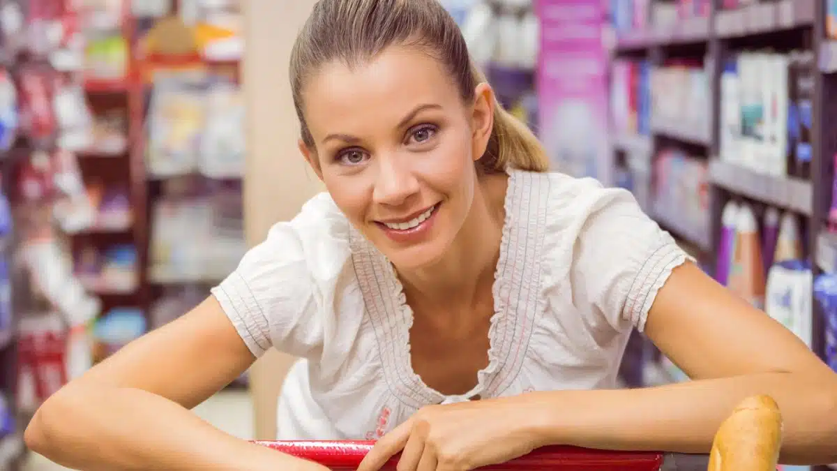 woman in grocery store leanings