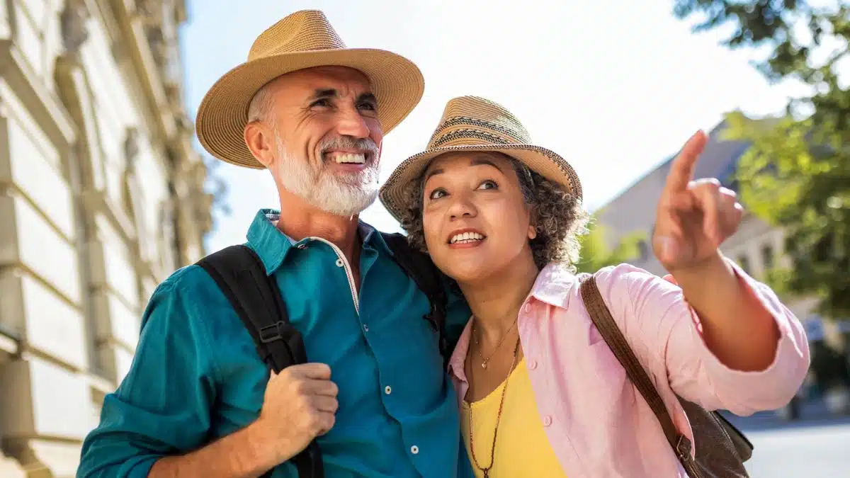 mature couple smiling on travel