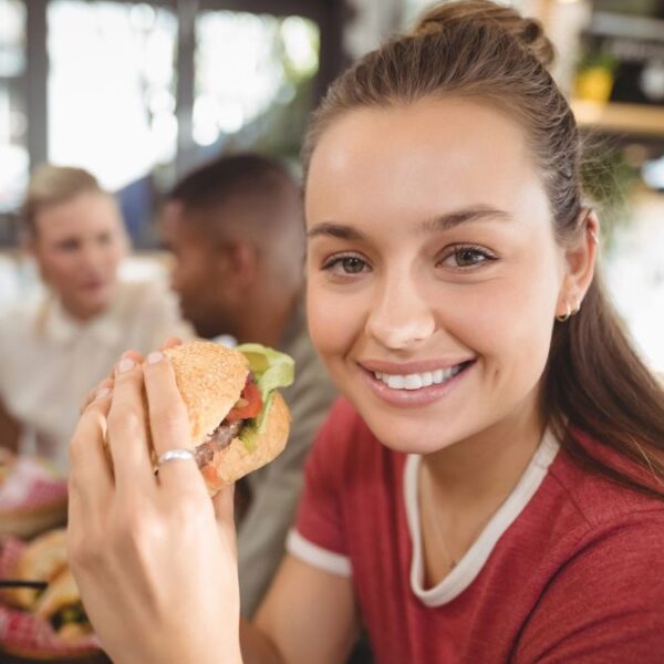 woman eating a burger