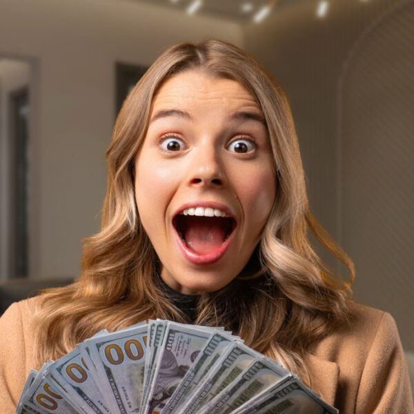 woman surprised holding cash